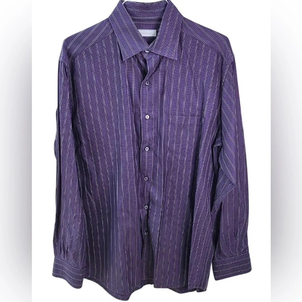 Ermenegildo Zegna Purple Dress Shirt with Black and White Pinstripes 👔 - Picture 4 of 7